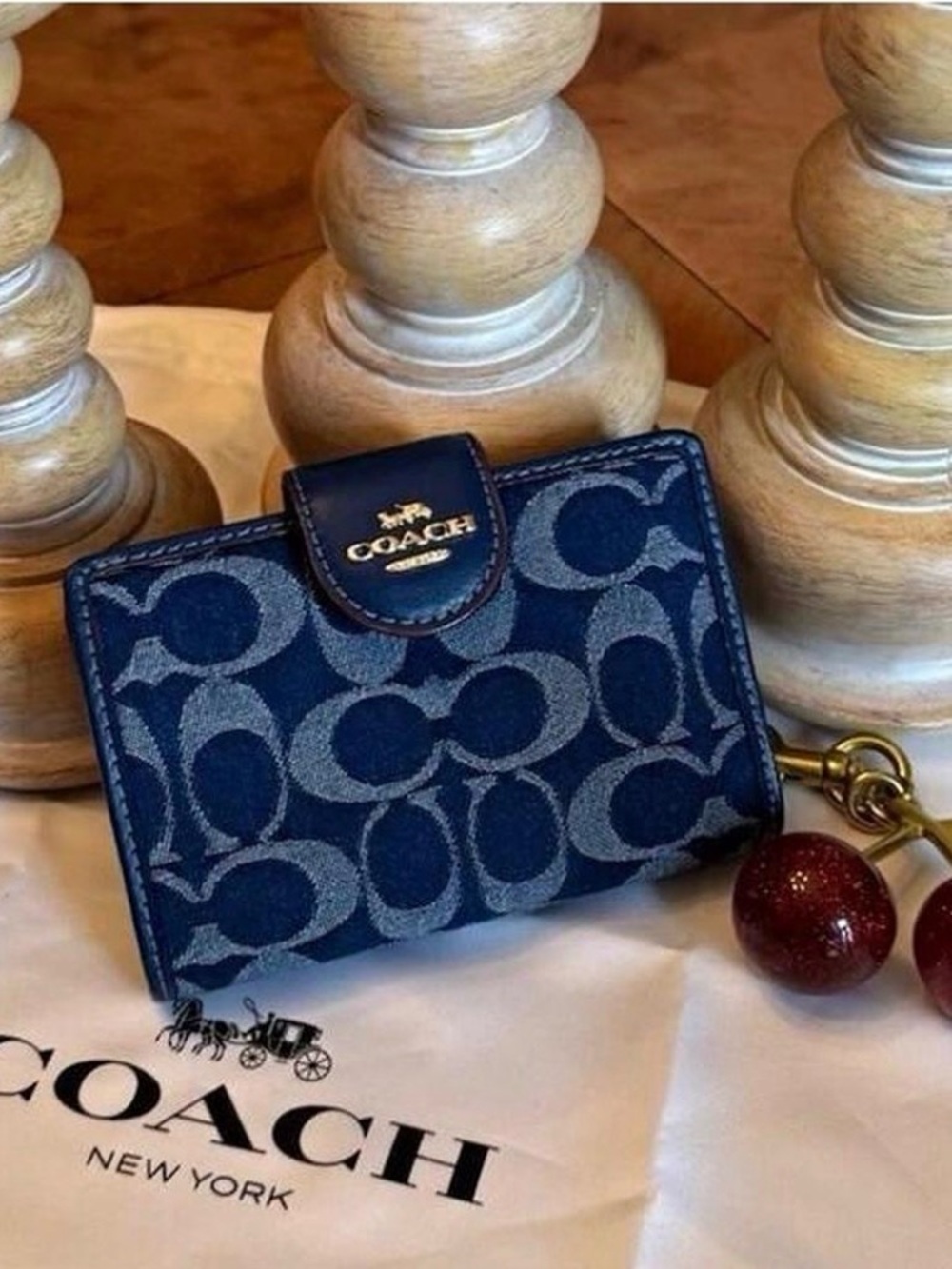 Coach Navy Signature Canvas Compact Card Case Wallet